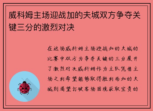 威科姆主场迎战加的夫城双方争夺关键三分的激烈对决